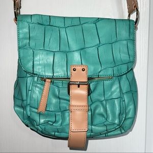 Medium aqua & tan Kate Landry cross-body bag.